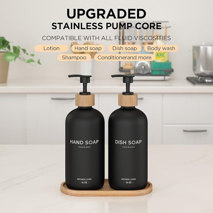 Hand and Dish Soap Dispenser Set, 16oz Glass Bottles - Image 4