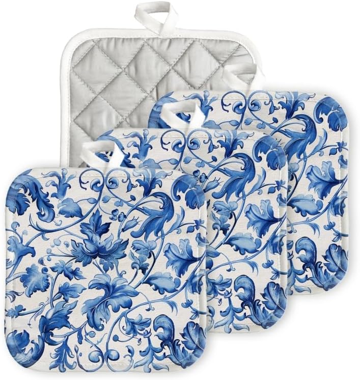 Pot Holder for Kitchen 4pcs,Blue and White Pattern with Intricate