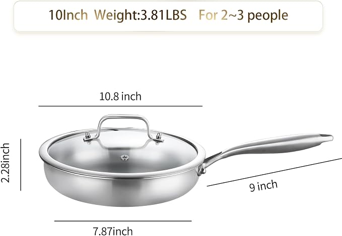 DELARLO Tri-Ply Stainless Steel Pan, 18/10 Frying Pan, Oven Safe Up to 600°F - Image 3