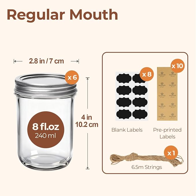 ComSaf Small Mason Jars 8 oz 6Pcs, Half Pint Regular Mouth Mason Jar - Image 2