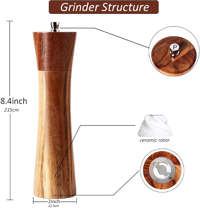 Wooden Salt and Pepper Grinders Set, 8 inch Acacia Wooden Salt and Pepper Mills - Image 3