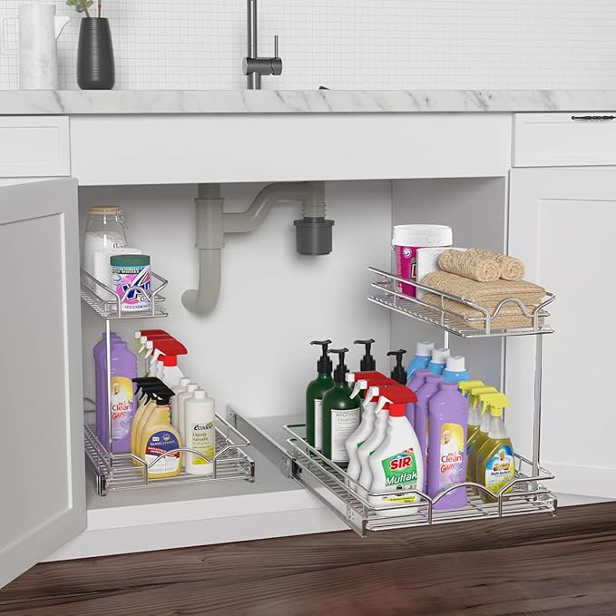 OCG Under Sink Cabinet Organizer Two Tier Pull Out Shelf, Under Sink Sliding - Image 2