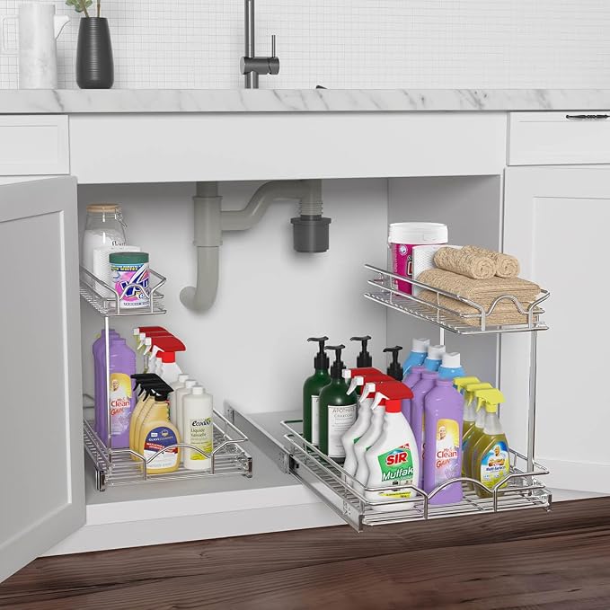 OCG Under Sink Cabinet Organizer Two Tier Pull Out Shelf, Under Sink Sliding - Image 7