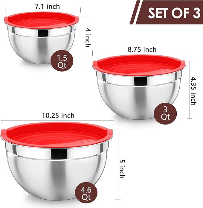 P&P CHEF Red Mixing Bowls with Lids, Stainless Steel Salad Nesting Bowl - Image 2