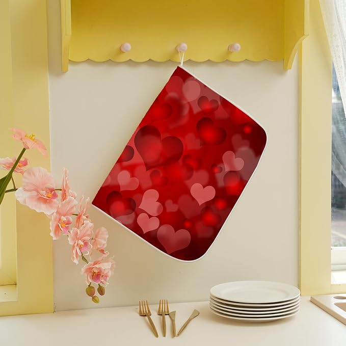 Red Valentines Dish Drying Mat 18x24 Inch Red Hearts Dish Drainer Protector Pad - Image 4