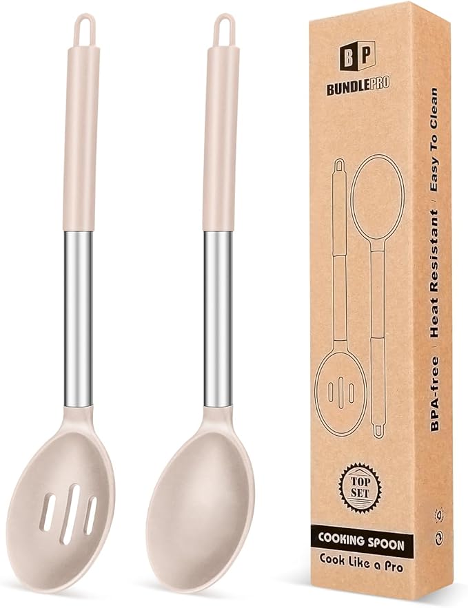 Pack of 2 Large Silicone Cooking Spoons, Non Stick Solid Basting Spoon by BUNDLEPRO