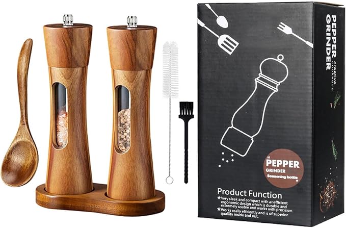 2Pack Wooden Salt and Pepper Grinder Set, 8-Inch Refillable Manual Salt and by Unknown
