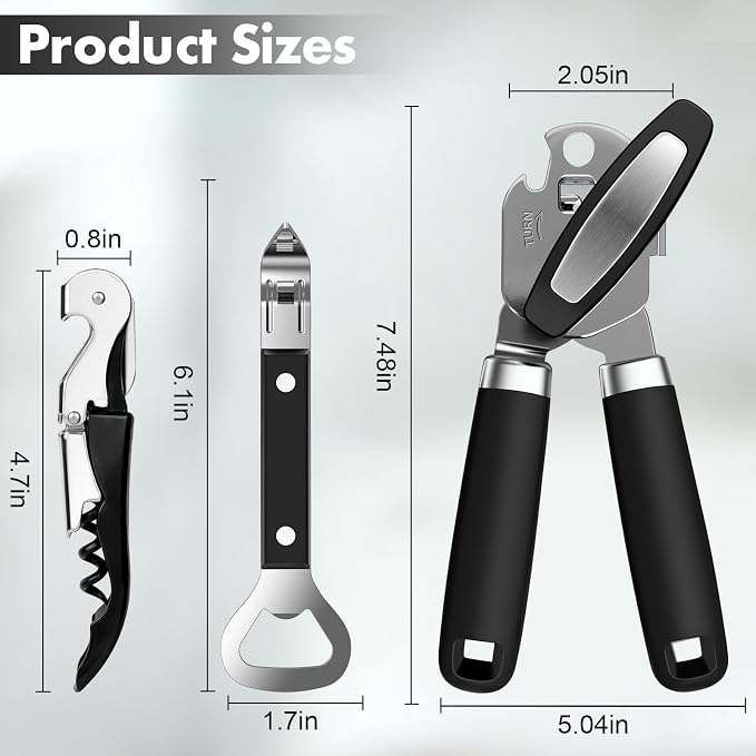 3PCS Can Opener Manual & Bottle Opener & Wine Opener, Smooth Edge Can Openers - Image 7