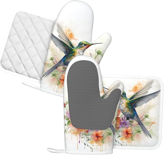 Oven Mitts and Pot Holders Watercolor Hummingbird Flower Silicone Kitchen - Image 2
