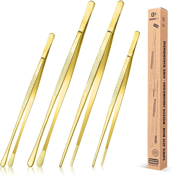 4 Pcs Fine Long Tweezer Tongs Professional Gold, Sea food and BBQ by BUNDLEPRO