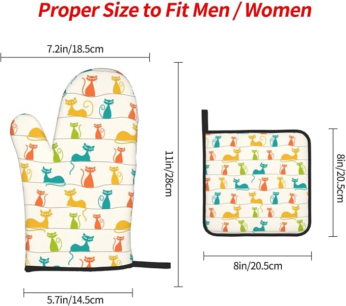 Mid Century Modern Cats Oven Mitts and Pot Holders Set Heat Resistant Cute Oven - Image 4