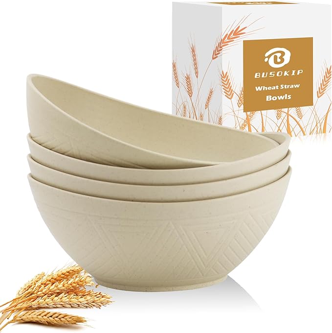 Large Bowls 65 OZ, Wheat Straw Bowls Set of 4, Unbreakable Salad Bowl, by BUSOKIP