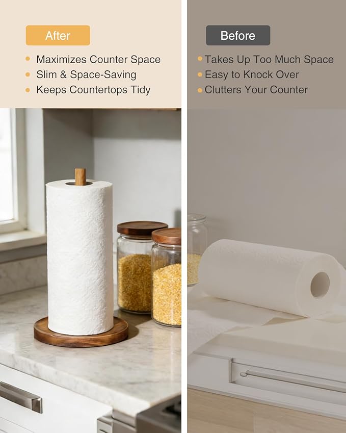 NESAPTO Paper Towel Holder Countertop, Wooden Standing Paper Towel Roll Stand - Image 4
