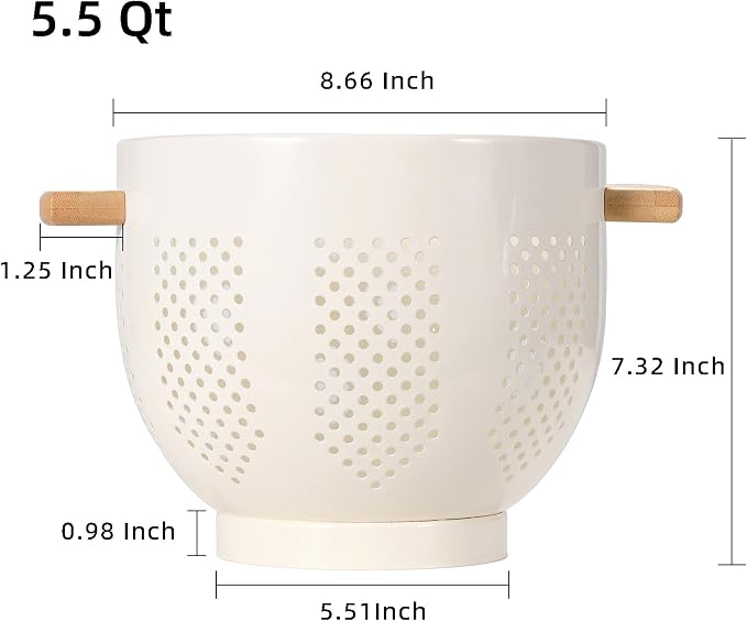 Metal Colander with Wood Handle and Stable Base, 5.5 Quart Powder Coated Steel - Image 2