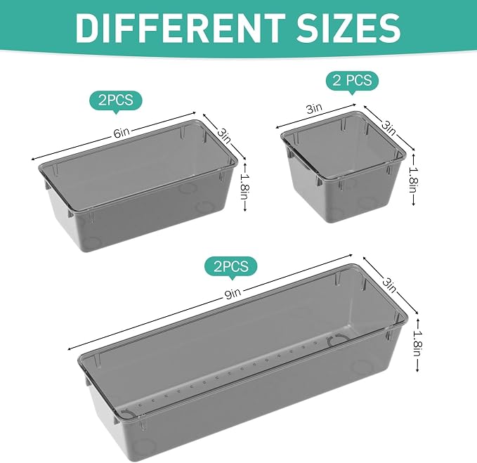 WOWBOX 6 Pack Clear Drawer Organizer Set, Acrylic Drawer Storage Trays - Image 2