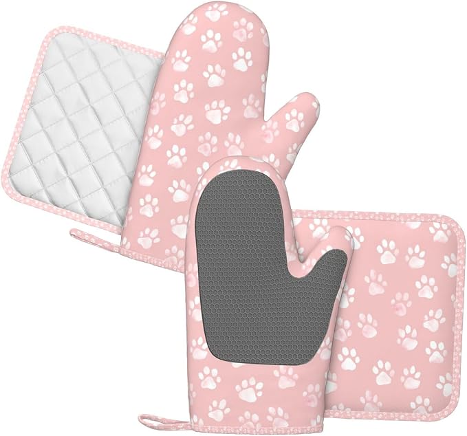 Oven Mitts and Pot Holders Pastel Pink Dog Paw Pattern Silicone Kitchen - Image 2