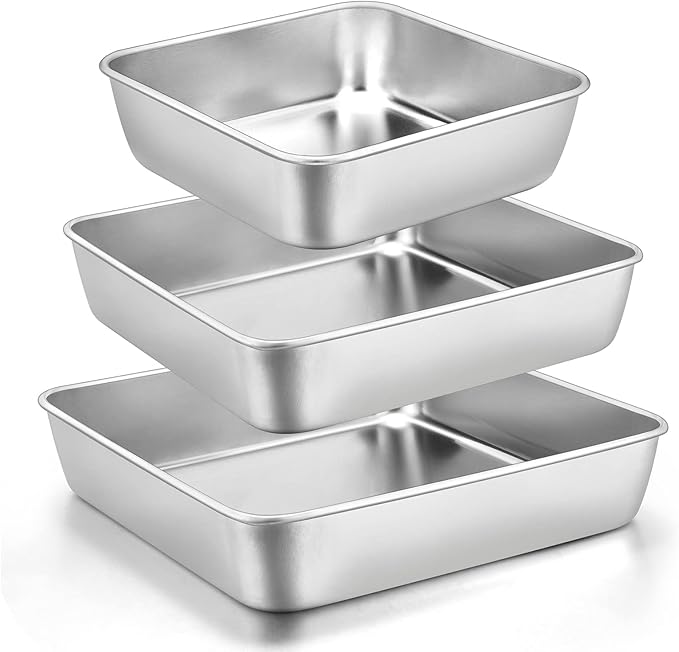 6/8/9-Inch Square Cake Pan Set, E-far Stainless Steel Square Baking Brownie by E-far