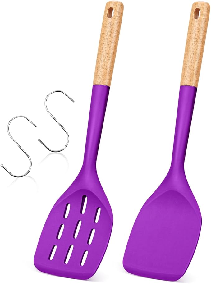 Pack of 2 Silicone Spatula, Non Stick Cooking Utensil Set, Wooden Handle by BADIANO