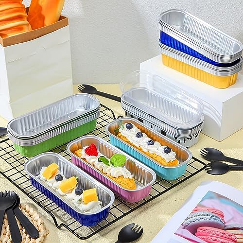 Dandat 120 Pcs Mini Loaf Pans with Lids and Spoons Aluminum Foil