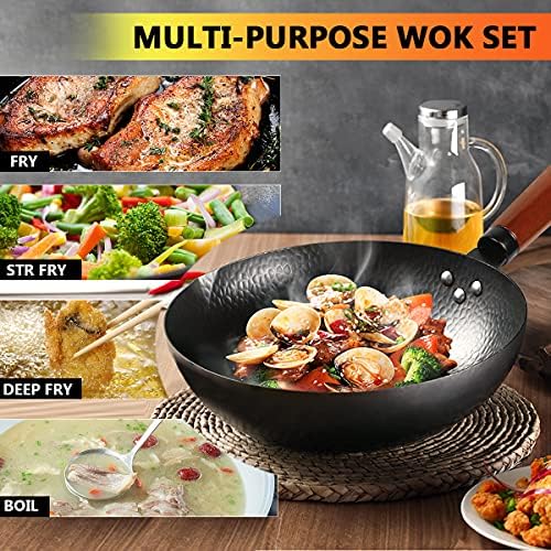 14 Piece Carbon Steel Wok Pan, Woks & Stir-Fry Pans Set with Wooden