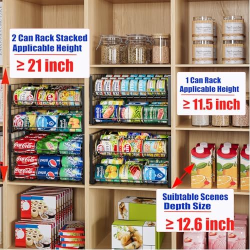 JKsmart 2-Tier Stackable Rack Organizer for Pantry, Adjustable Dispenser Holds Up to 88 Cans, Storage Holder for Various Ounces of Canned Drinks, Black, 3 Pack