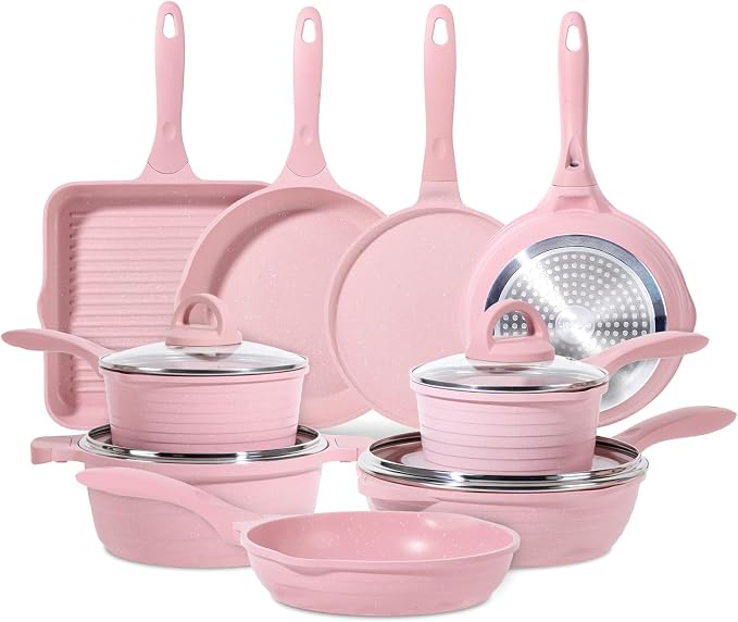 JEETEE Pink Pots and Pans Set Nonstick 23pcs, Healthy Kitchen Cookware Sets by JEETEE