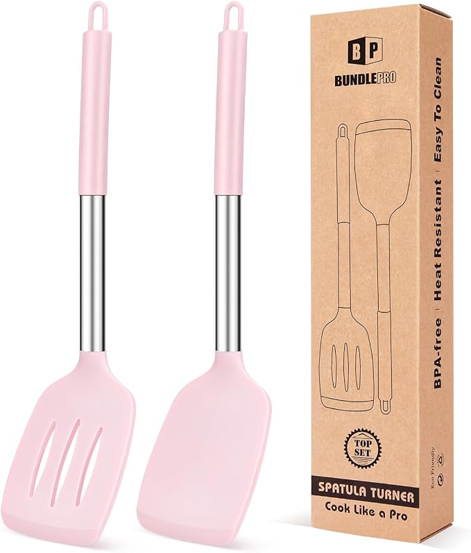Pack of 2 Silicone Solid Turner, Non Stick Slotted Kitchen Spatulas, High Heat by BUNDLEPRO