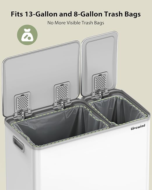 Dual Trash and Recycling Bins for Kitchen, 13.2 + 5.2 Gal Stainless Steel Trash - Image 8