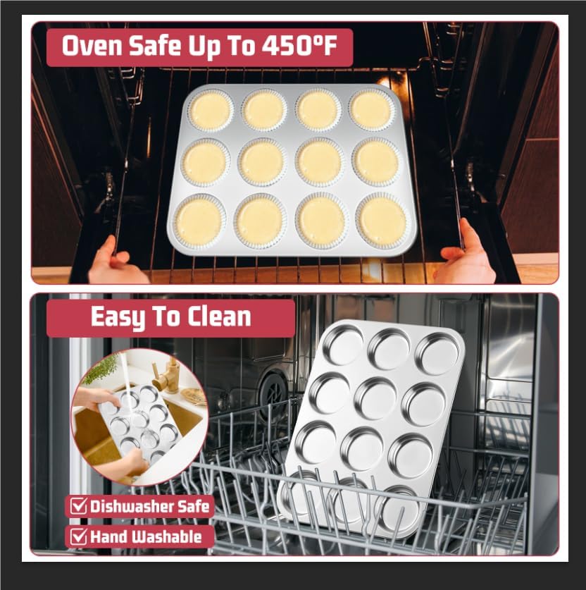 E-far 2 Pack Muffin Top Pan, 12-Cavity Stainless Steel Shallow Cupcake