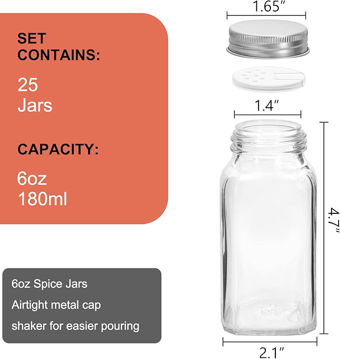 Keketin 6 oz Glass Spice Jars Bottles, 25 Pack Empty Spice Jars - Image 2