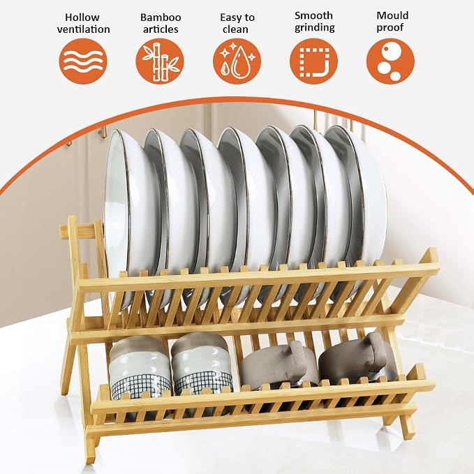 KKTONER Bamboo Dish Drying Rack 2 Tier Foldable Plate Organizer Collapsible - Image 7