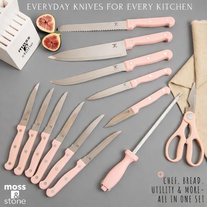 Moss & Stone Pink 14 Pcs Knife Block Set Stainless Steel, Premium Forged - Image 4
