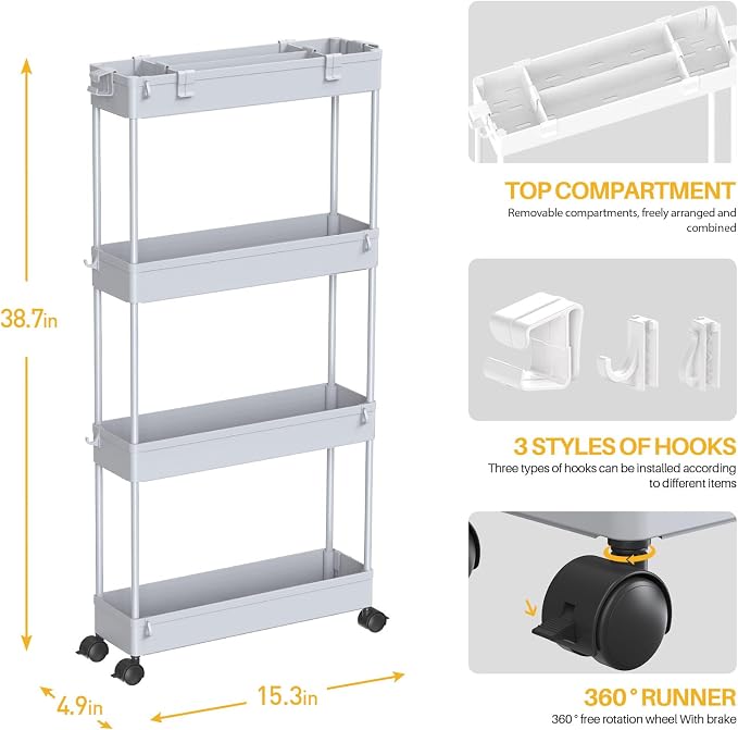 SPACELEAD Slim Storage Cart 4 Tier, Bathroom Organizer Rolling Utility - Image 4