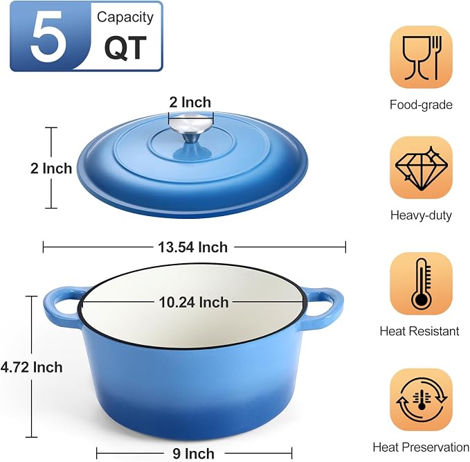 P&P CHEF 5QT Enameled Dutch Oven, Cast Iron Dutch Oven Pot - Image 2