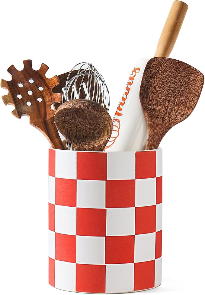Utensil Holder, 7.2 Inch Checkered Utensil Holder, Ceramic Cooking Utensil by Swkien