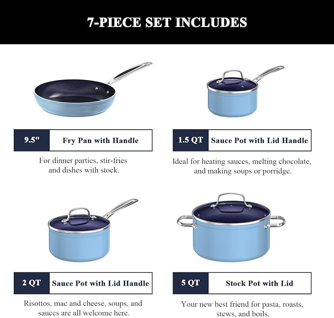 Nuwave 7pc Cookware Set Healthy Duralon Blue Ceramic Nonstick Coated, Diamond - Image 2