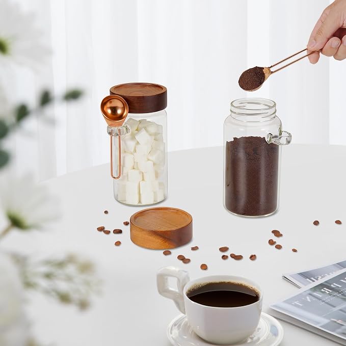 18oz Glass Coffee Jars with Scoop Wood Screw Lid Clear Round Spice Jar Herb - Image 5