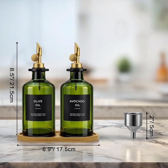 Olive Oil Dispenser Set, 2 x 11.8oz Deep Green Glass Bottles - Image 7