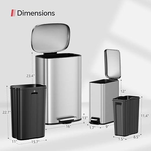 13 Gallon Trash Can and 1.6 Gallon Kitchen Trash Can Combo Set, Stainless Steel - Image 6