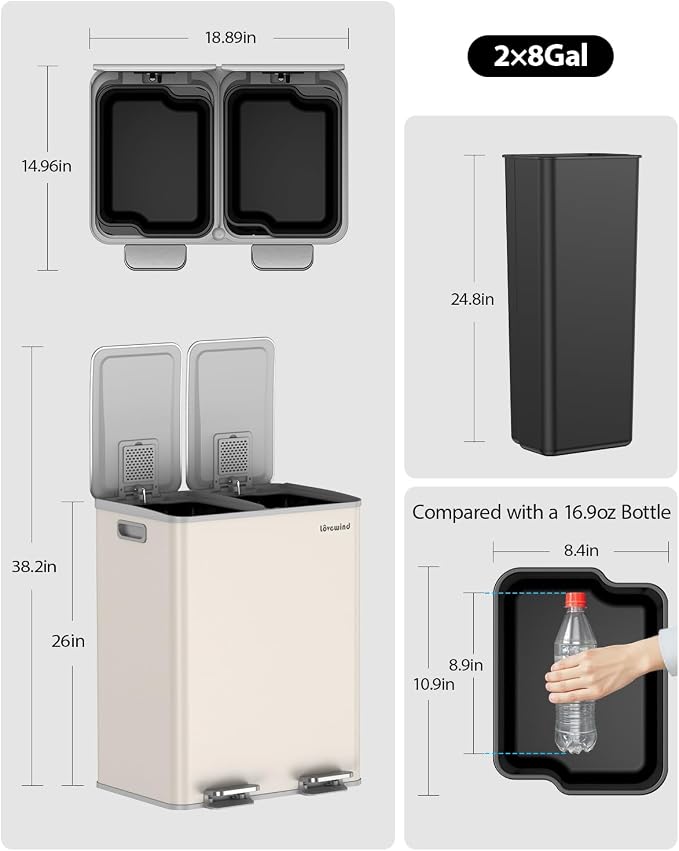 Lovewind Kitchen Trash Can, 2 x 8 Gallon Stainless Steel Trash and Recycle Bin - Image 8