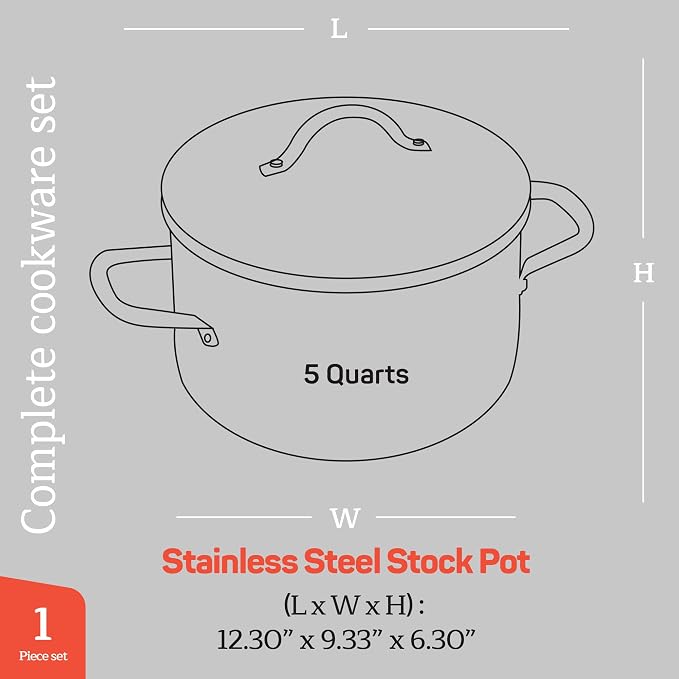 Stainless Steel Stockpot with Tempered Glass Lid 5 Quart, Durable 18/0 - Image 2
