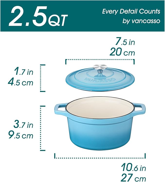 vancasso Enameled Cast Iron Dutch Oven, 2.5 QT Blue Naturally Non-Stick - Image 2