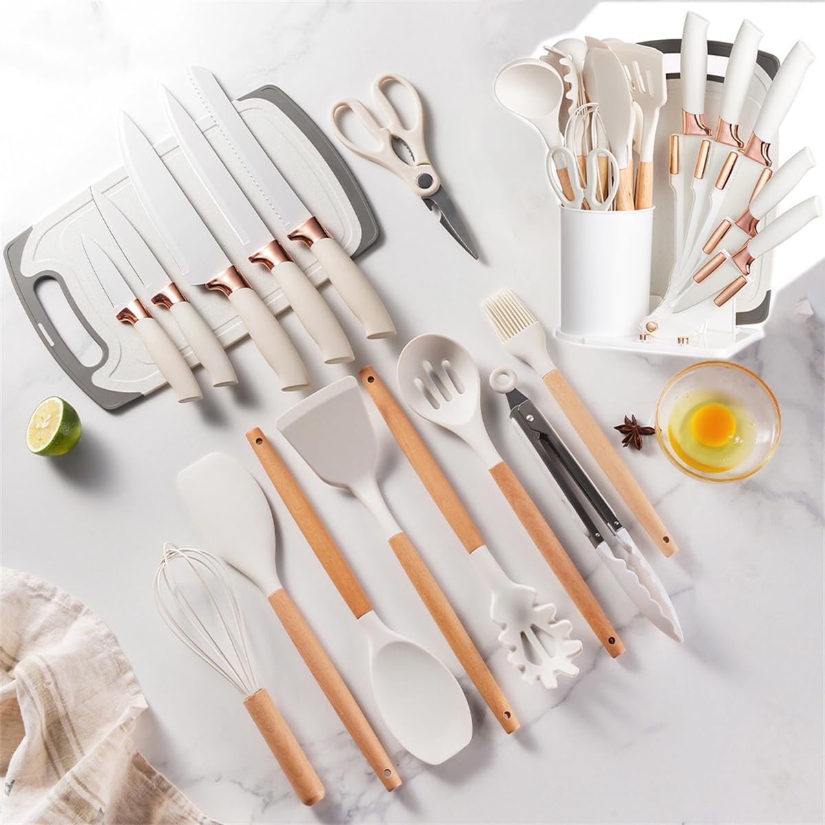 19 PCS Kitchen Cooking Utensils and Knife Set with Holder Block