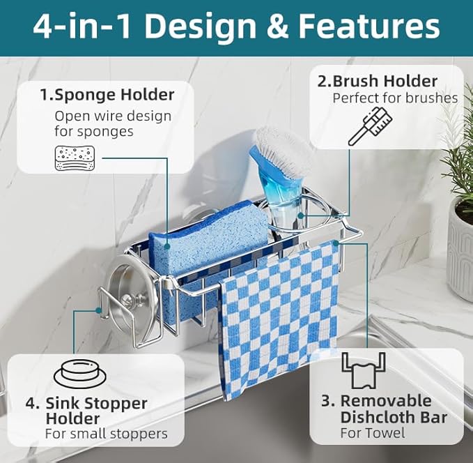 TAILI 4-in-1 Sink Caddy with Strong Suction Cup, Sponge Holder - Image 5