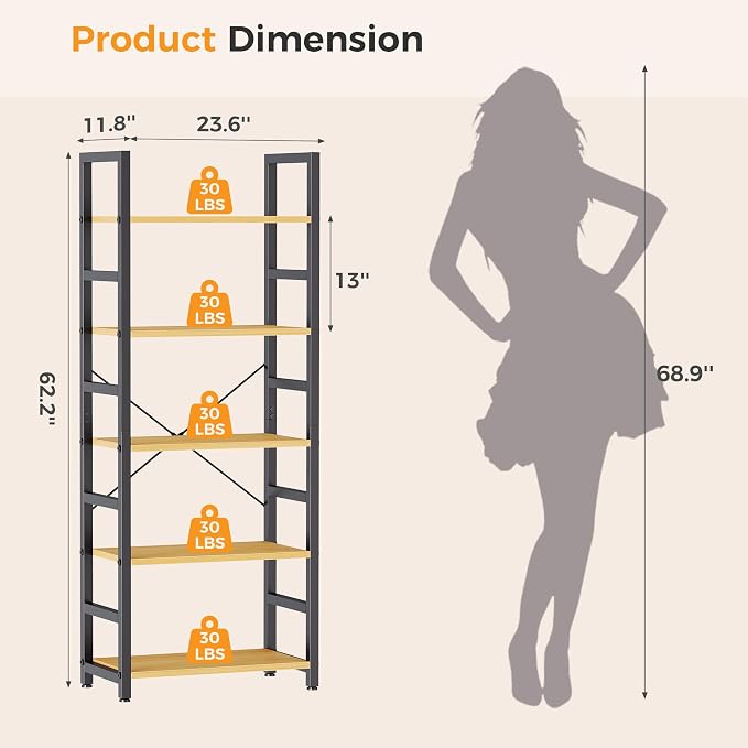 DUMOS 5-Tier Bookshelf, Modern Tall Bookcase, Open Storage Display Shelf - Image 3