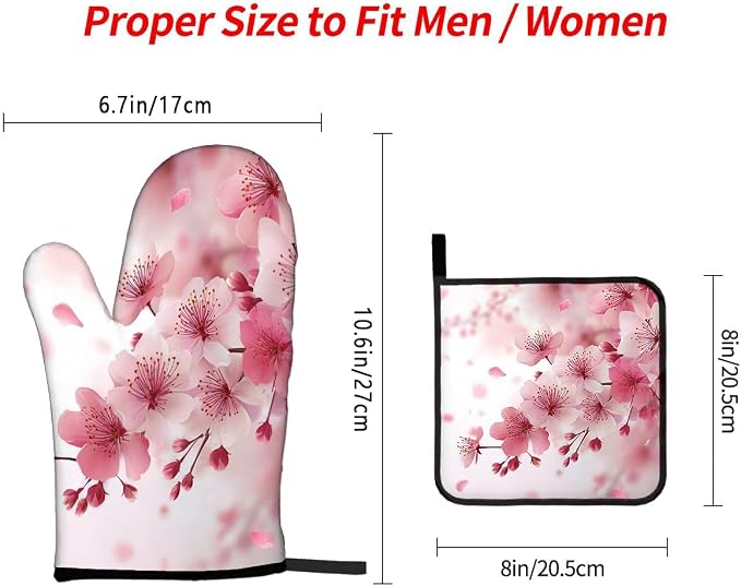 LOKMU Oven Mitts and Pot Holders Set of 3, Watercolor Pink Cherry Blossoms - Image 3