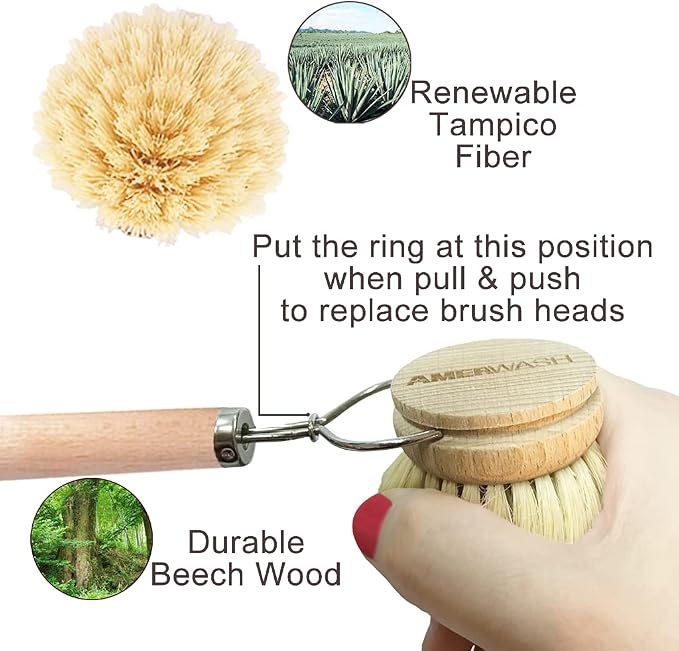 AMERWASH PLUS Dish Brush with Wooden Handle, Natural Kitchen Brush - Image 6