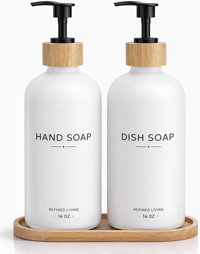 Hand and Dish Soap Dispenser Set, 16oz Glass Bottles by Aeakey