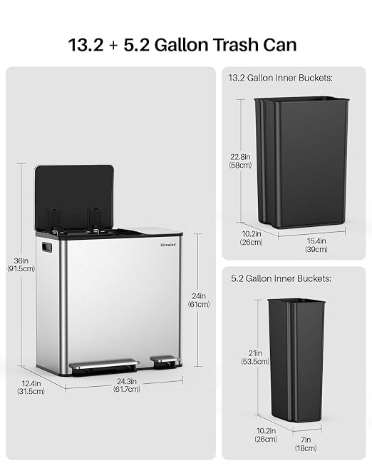 Dual Trash and Recycling Bins for Kitchen, 13.2 + 5.2 Gal Stainless Steel Trash - Image 6