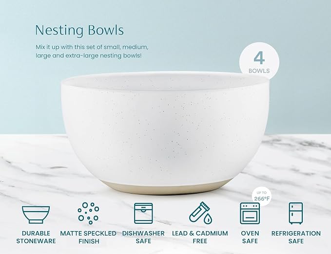 KooK Mixing Bowls, Ceramic Nesting Bowls, Stoneware Kitchen Bowls, - Image 6